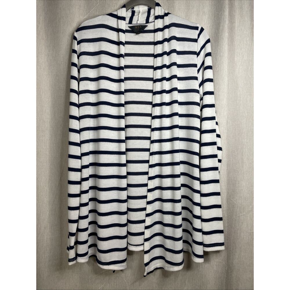 Mix by 41 Hawthorn Women’s White Open Cardigan - Large - White with Navy Stripes